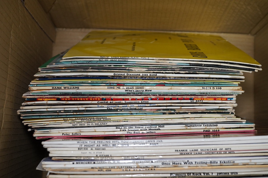 Two boxes of LP record albums, including a selection of 10 inch albums, compilations, including Soul compilations, Rhythm and Blues, etc., artists include; Gene Pitney, Lee Dorsey, Dinah Washington, Frankie Laine, Hank W